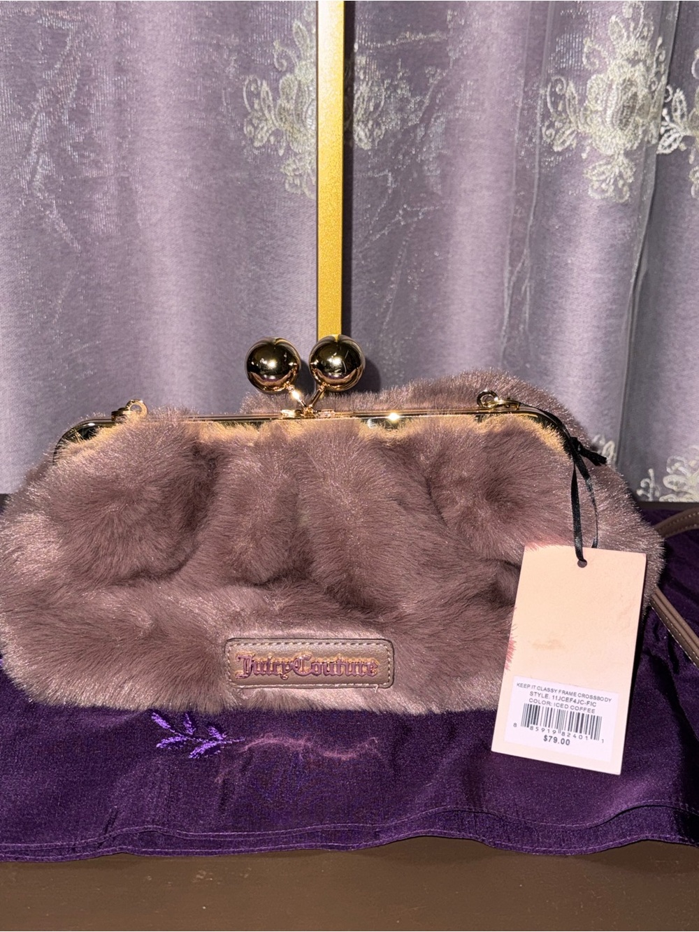 NWT Juicy Couture Faux Fur Kiss Lock Iced Coffee Bag